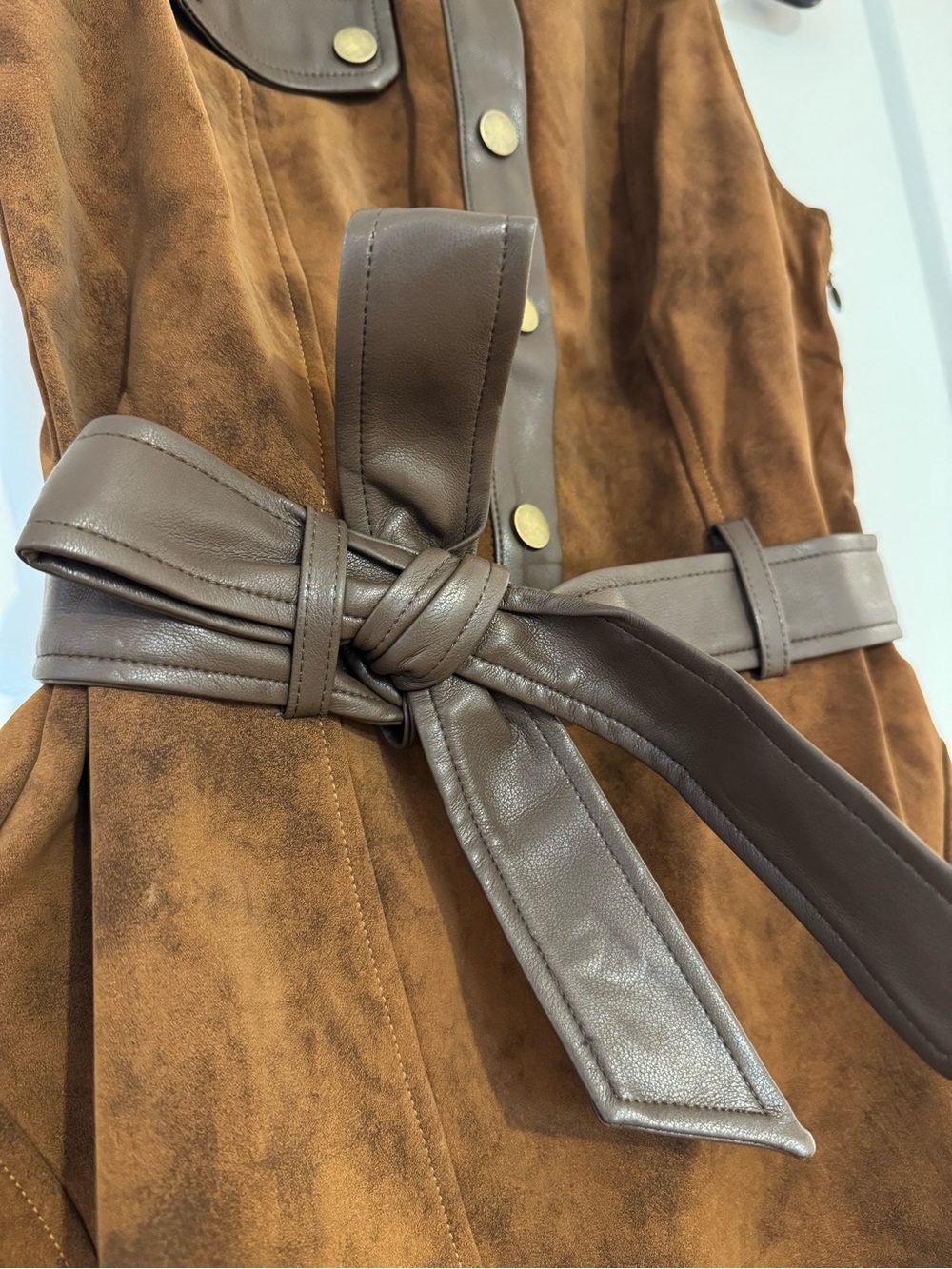 [NWOT] En Saison Size S Brown Faux Suede Leather Trim Belted A-Line Dress - Picture 5 of 13